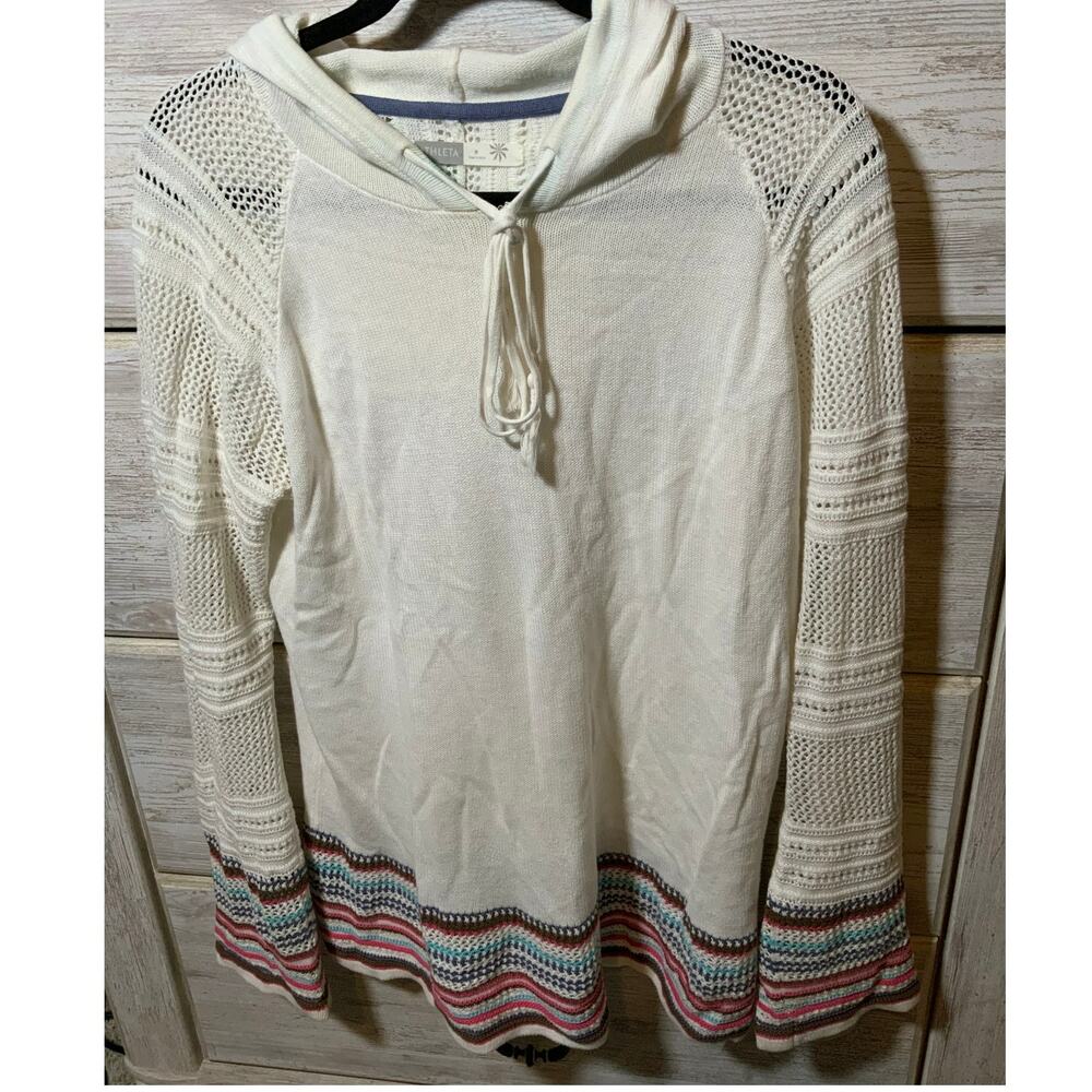 Athleta Boho Beach Hooded Crochet Knit Sweater Size Medium White Multi - Picture 2 of 5